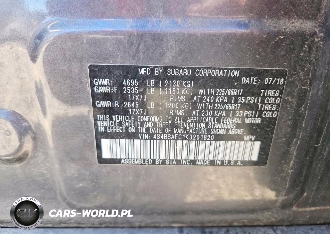 2019 Subaru Outback 2.5I Premium VIN:4S4BSAFC1K3201820 - 13