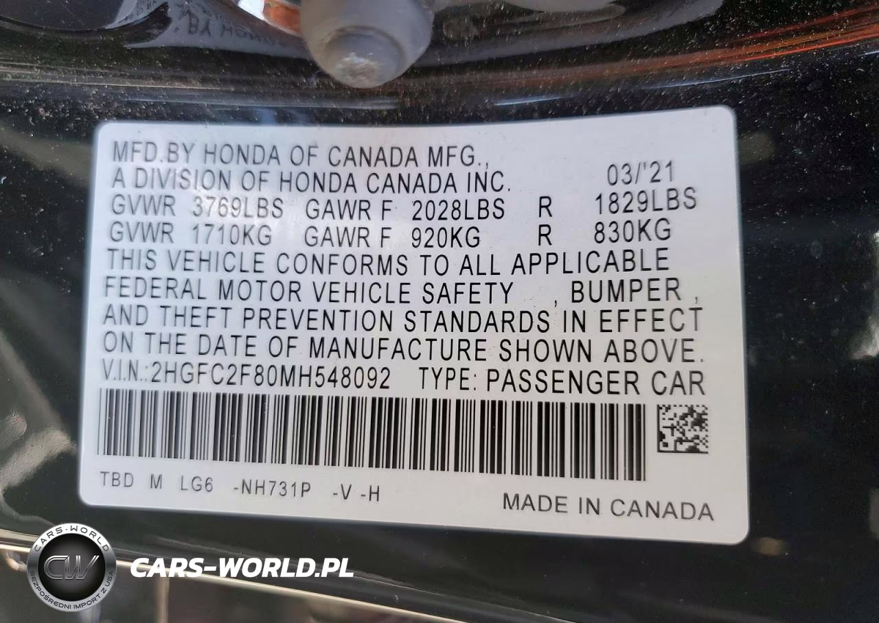 2021 Honda Civic Sport VIN:2HGFC2F80MH548092 - 12