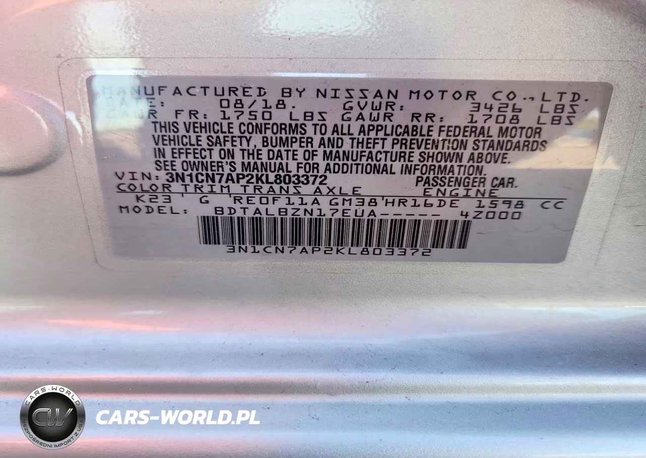 2019 Nissan Versa Sv VIN:3N1CN7AP2KL803372 - 13