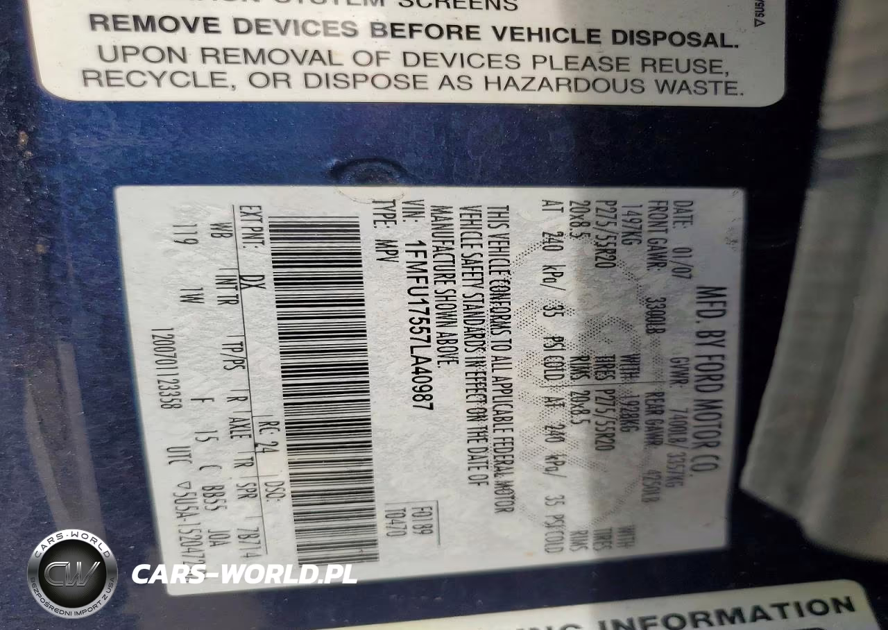 2007 Ford Expedition Eddie Bauer VIN:1FMFU17557LA40987 - 13
