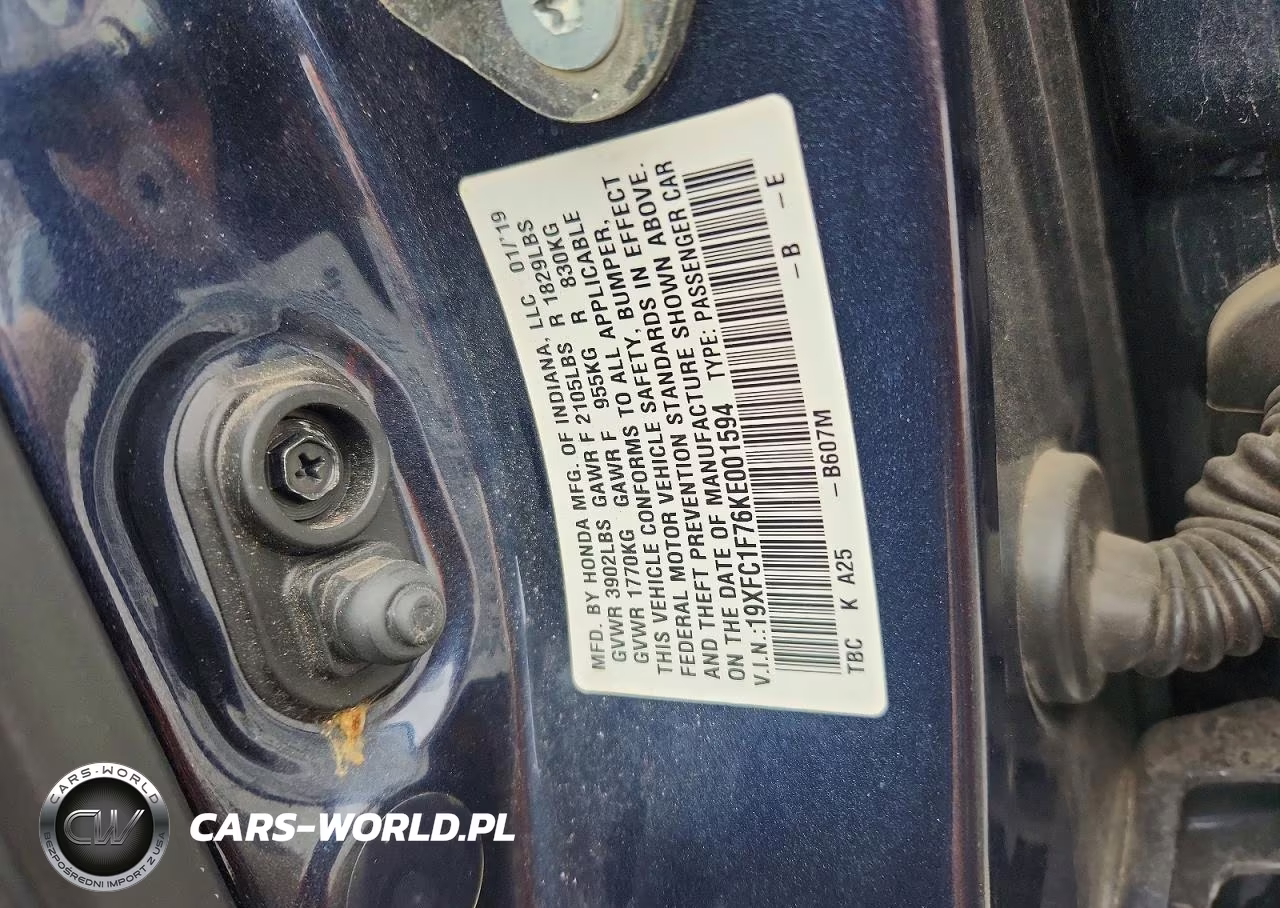 2019 Honda Civic Exl VIN:19XFC1F76KE001594 - 12