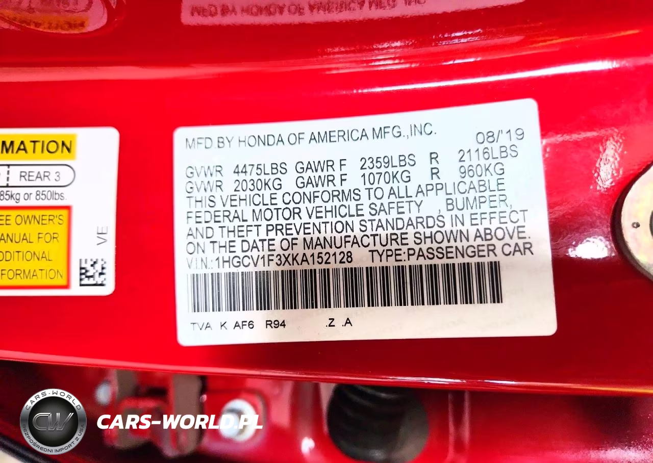 2019 Honda Accord Sport VIN:1HGCV1F3XKA152128 - 12