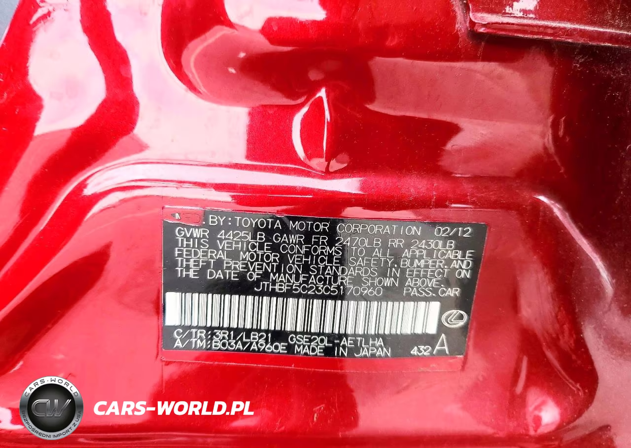 2012 LEXUS IS 250 VIN:JTHBF5C23C5170960 - 13