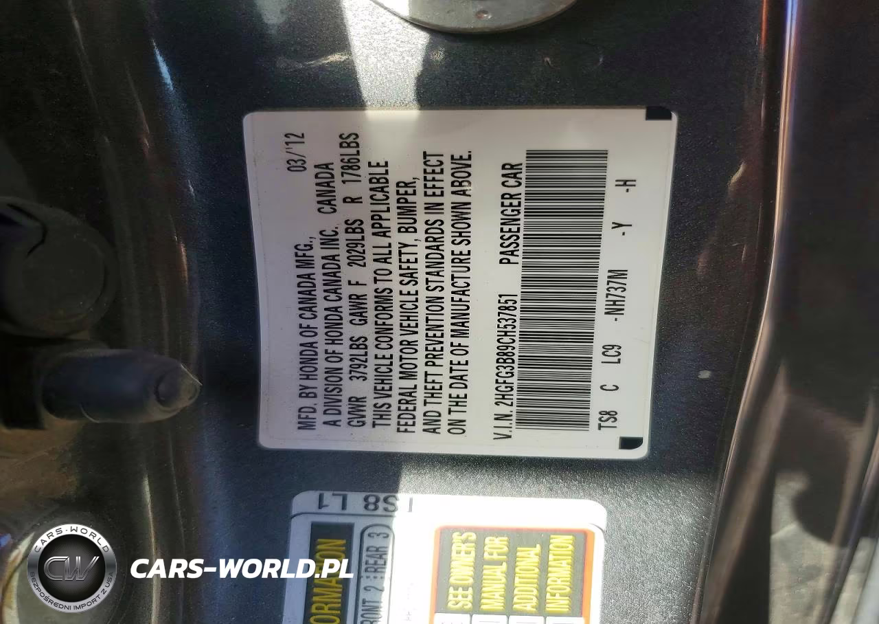 2012 Honda Civic Ex VIN:2HGFG3B89CH537851 - 12