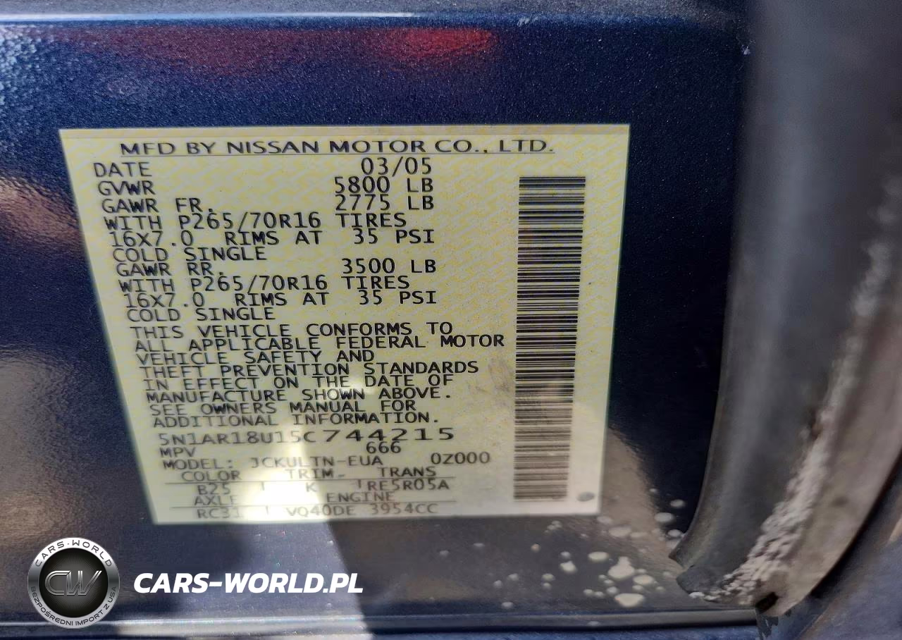 2005 Nissan Pathfinder Xe VIN:5N1AR18U15C744215 - 13