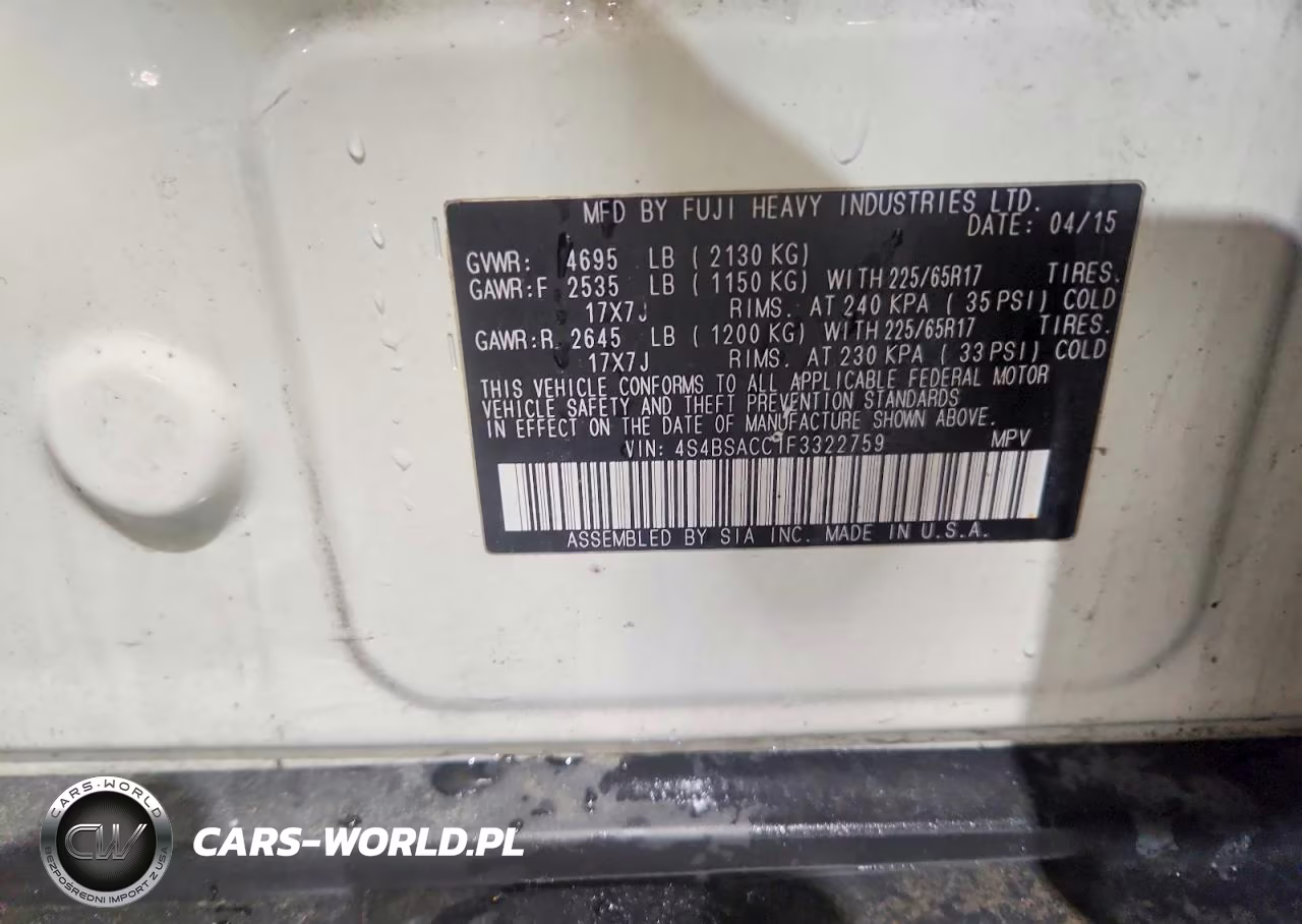 2015 Subaru Outback 2.5I Premium VIN:4S4BSACC1F3322759 - 13