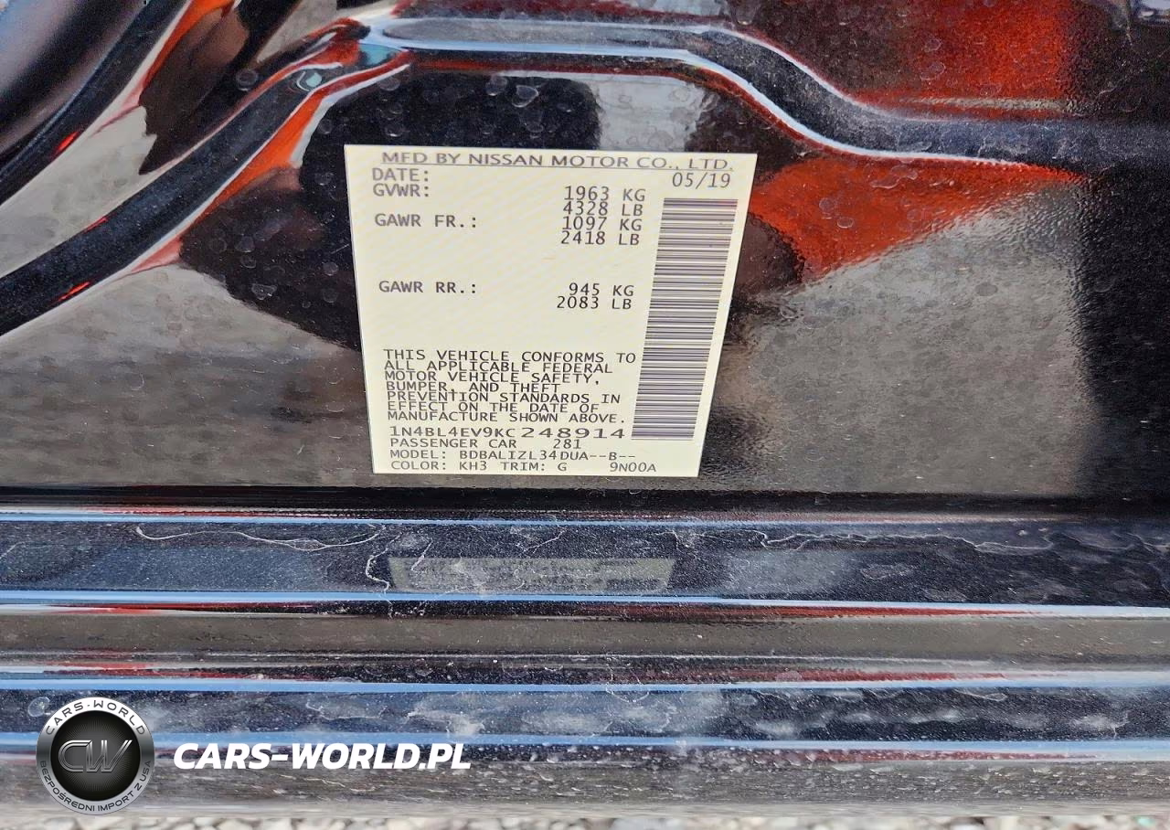 2019 Nissan Altima Sl VIN:1N4BL4EV9KC248914 - 12