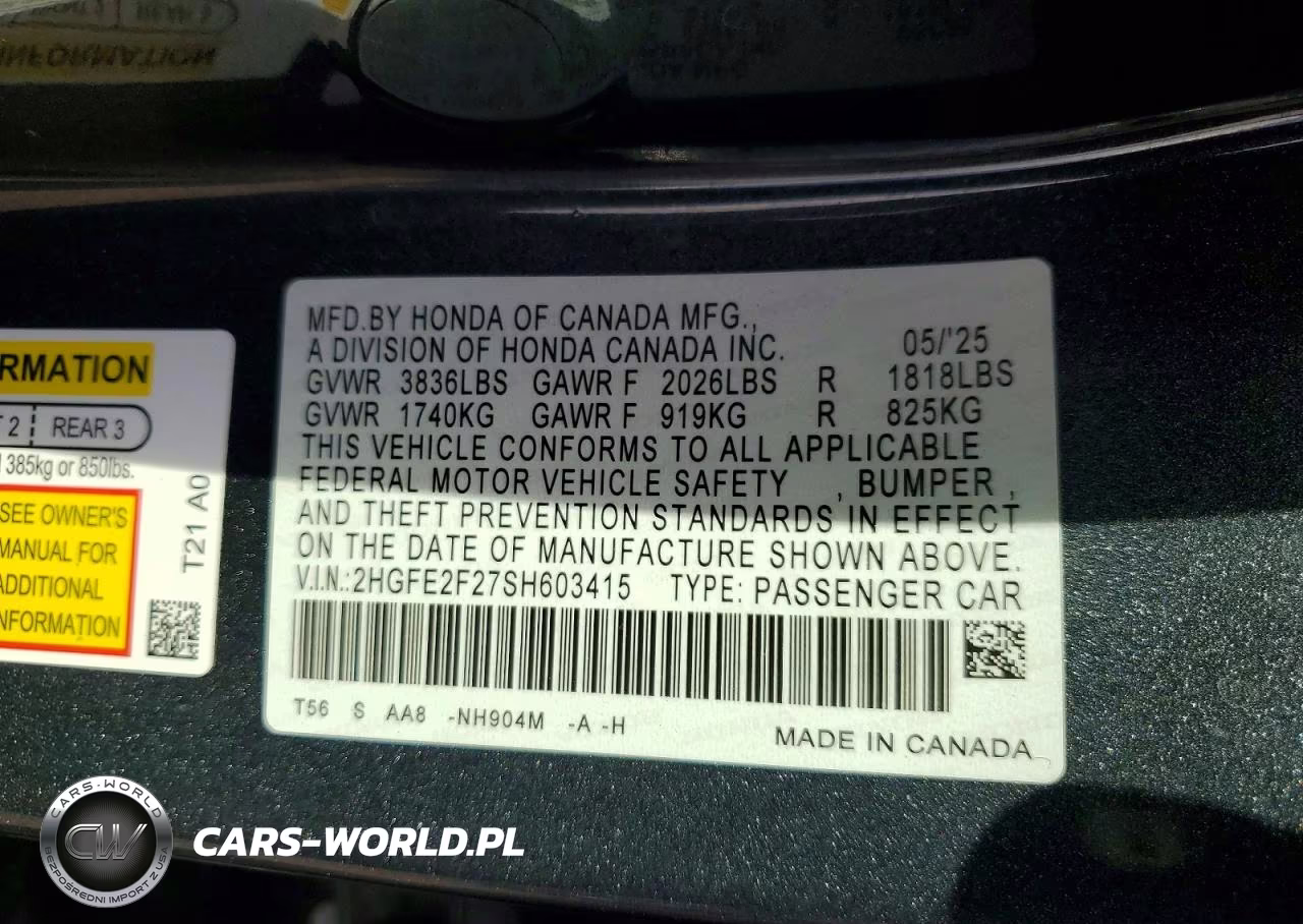 2025 Honda Civic Lx VIN:2HGFE2F27SH603415 - 12