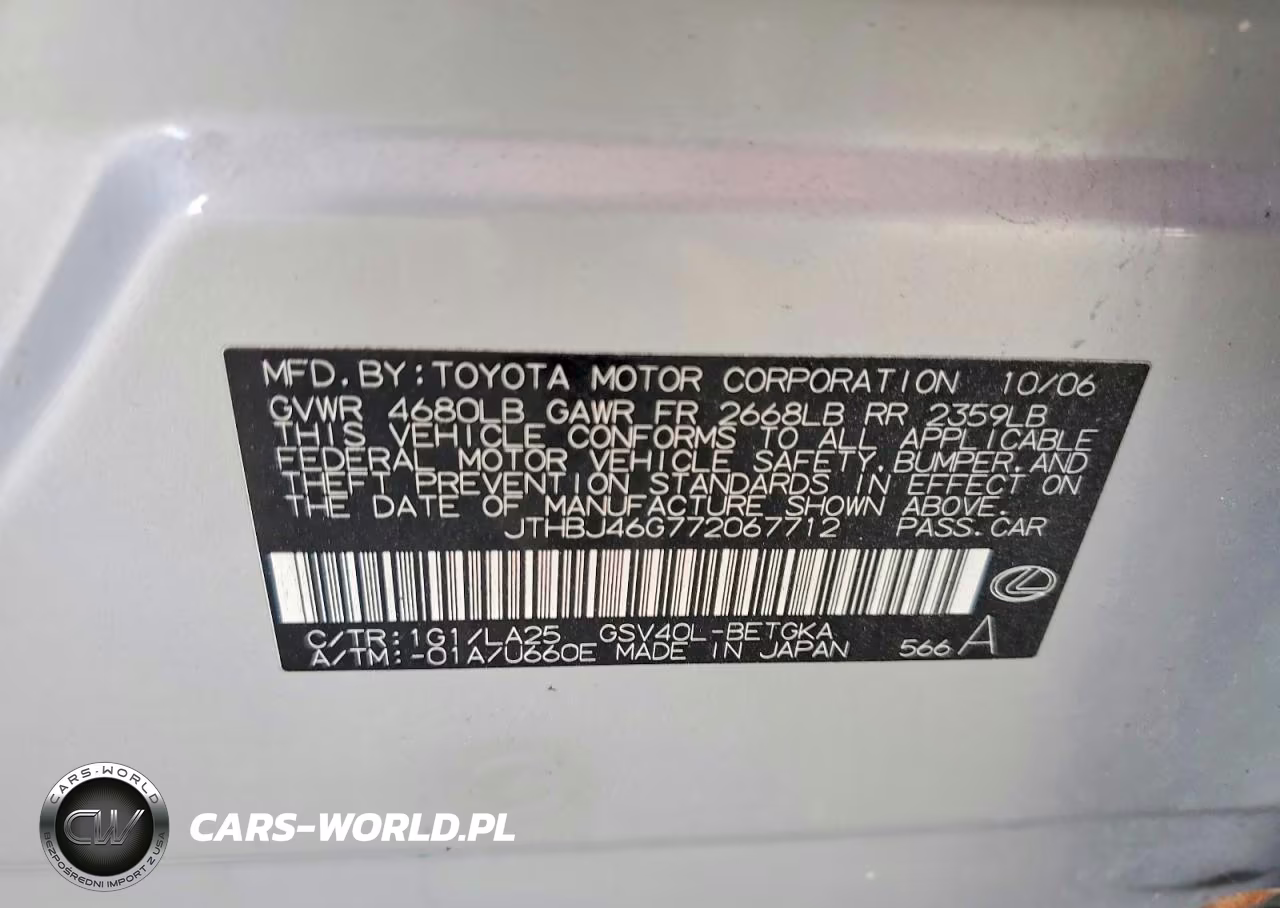2007 Lexus Es 350 VIN:JTHBJ46G772067712 - 12
