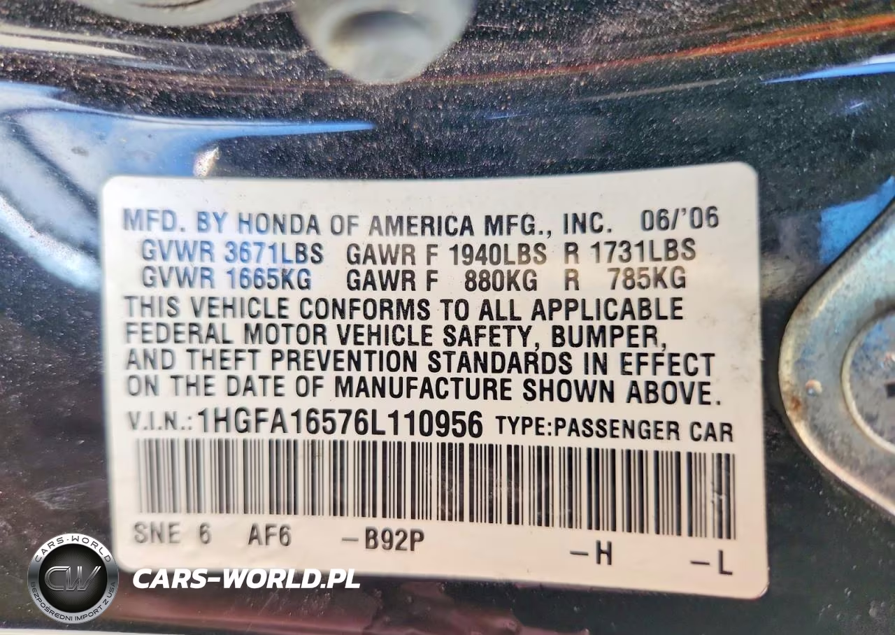 2006 Honda Civic Lx VIN:1HGFA16576L110956 - 12