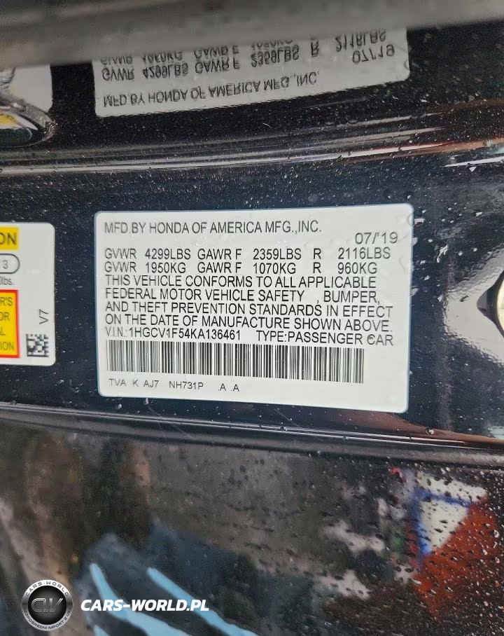 2019 Honda Accord Exl VIN:1HGCV1F54KA136461 - 12