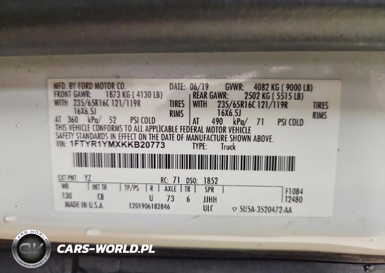 2019 Ford Transit T-250 VIN:1FTYR1YMXKKB20773 - 13