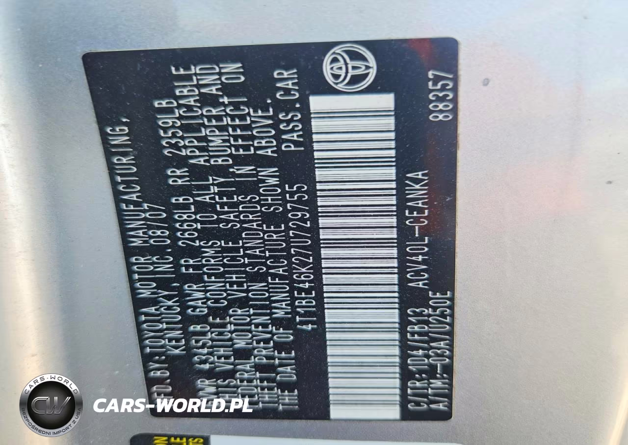 2007 Toyota Camry Ce VIN:4T1BE46K27U729755 - 12