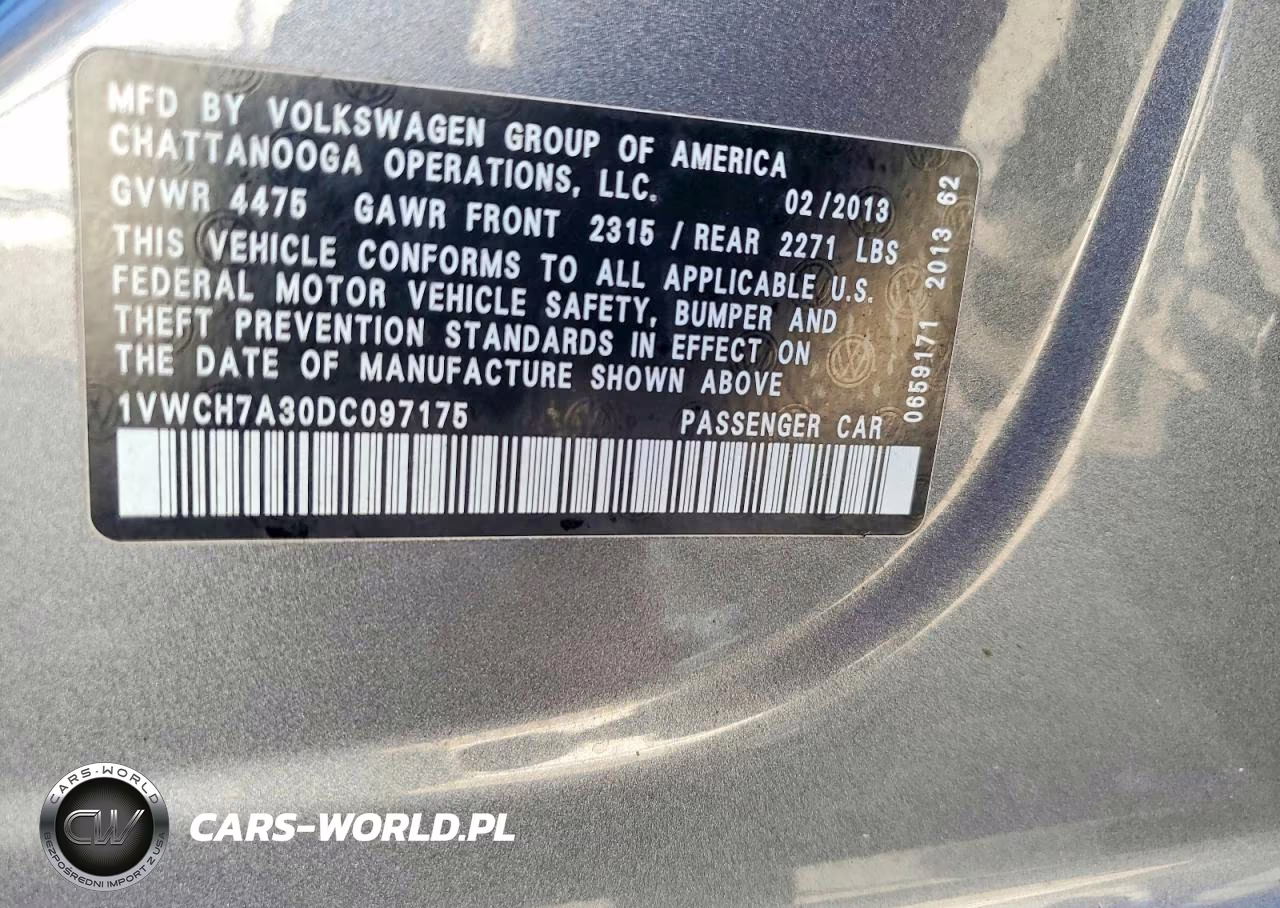 2013 Volkswagen Passat Sel VIN:1VWCH7A30DC097175 - 13