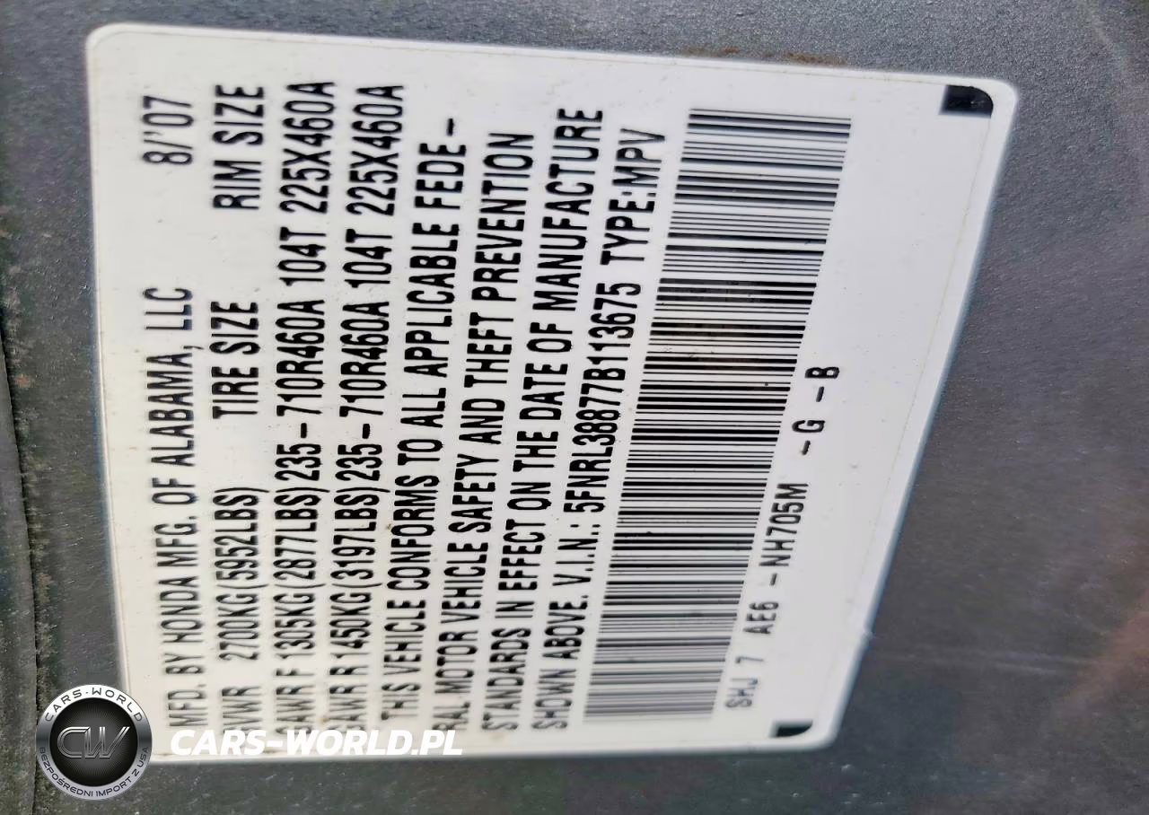 2007 Honda Odyssey Touring VIN:5FNRL38877B113675 - 13