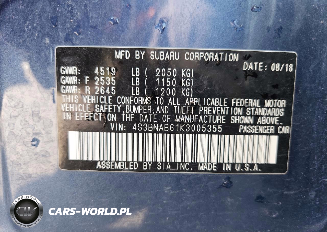 2019 Subaru Legacy 2.5I VIN:4S3BNAB61K3005355 - 12