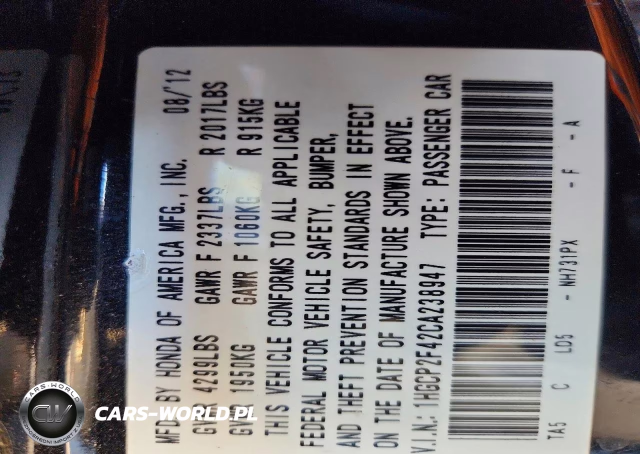 2012 Honda Accord Lxp VIN:1HGCP2F42CA238947 - 12