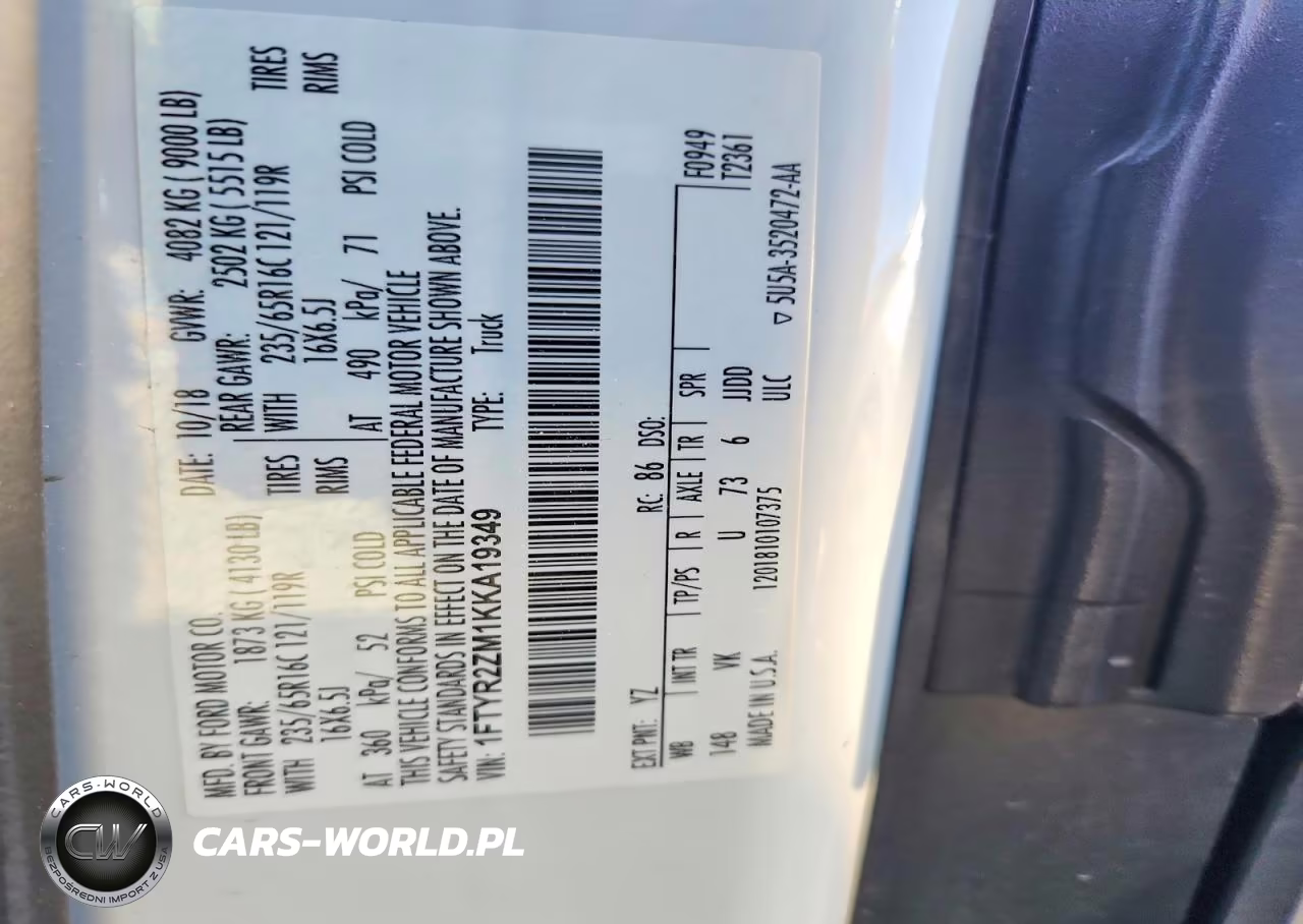 2019 Ford Transit T-250 VIN:1FTYR2ZM1KKA19349 - 13