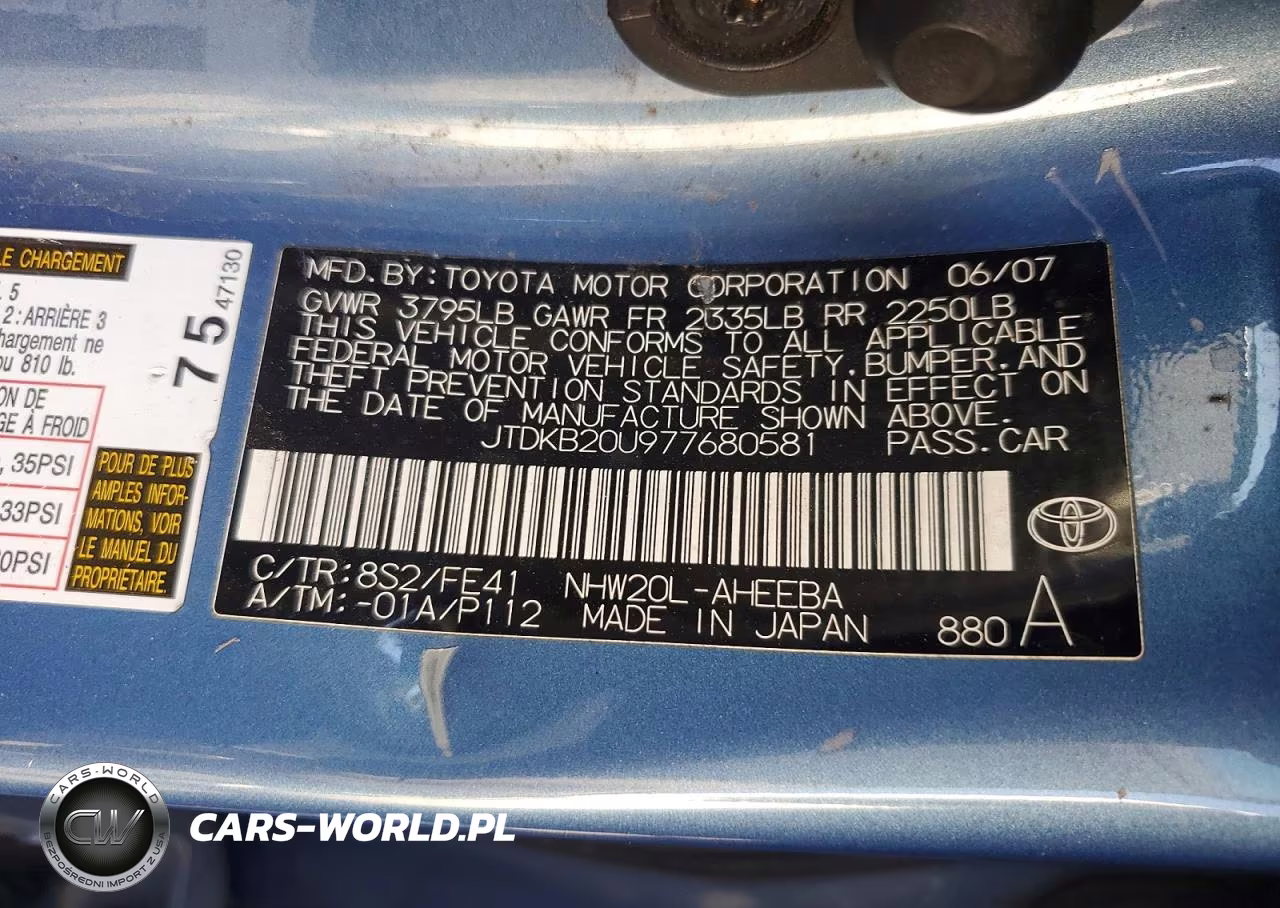 2007 Toyota Prius Base VIN:JTDKB20U977680581 - 12