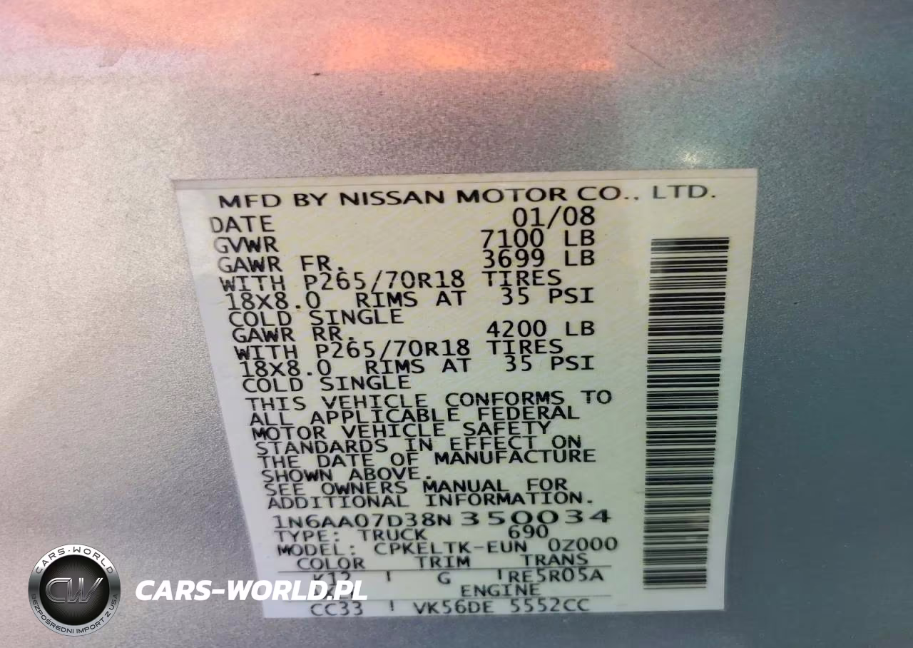 2008 Nissan Titan Xe VIN:1N6AA07D38N350034 - 12