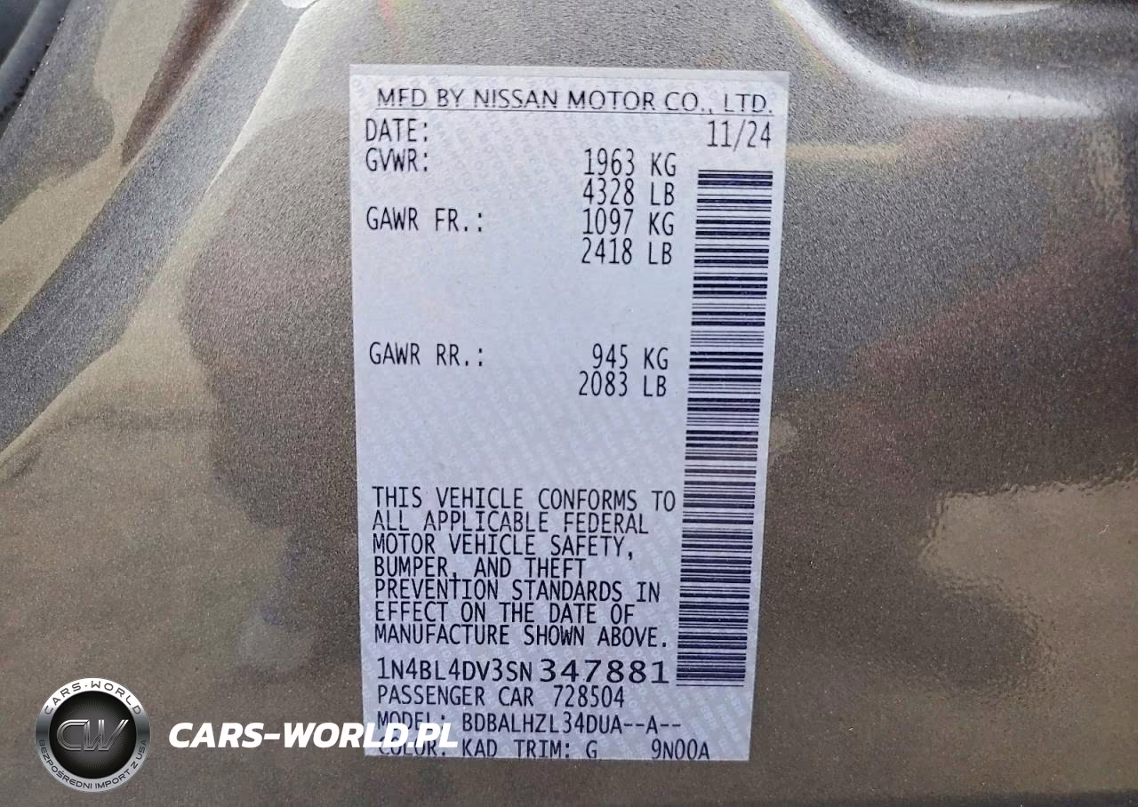 2025 Nissan Altima Sv VIN:1N4BL4DV3SN347881 - 12