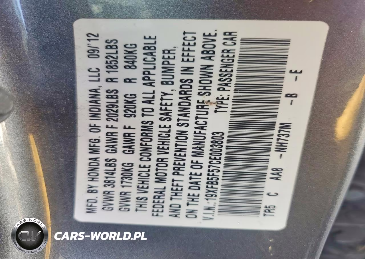 2012 Honda Civic Natural Gas VIN:19XFB5F57CE003803 - 12