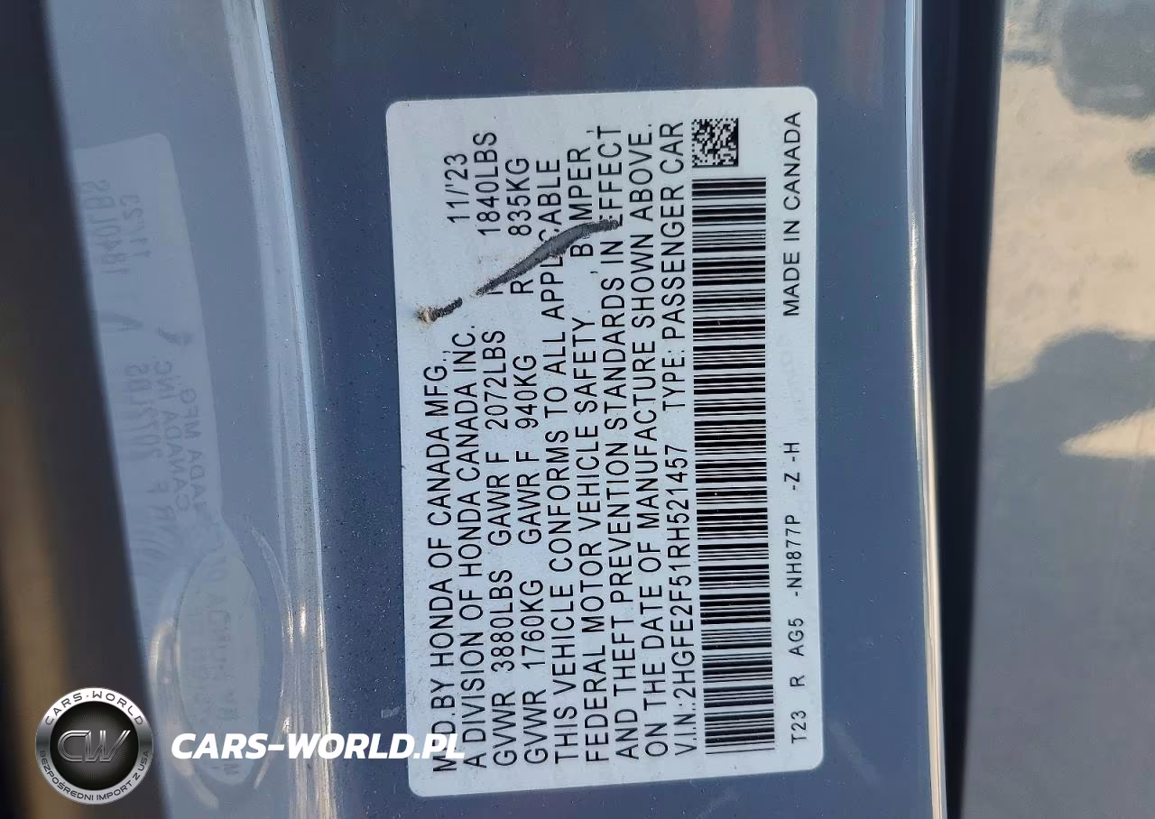 2024 Honda Civic Sport VIN:2HGFE2F51RH521457 - 12