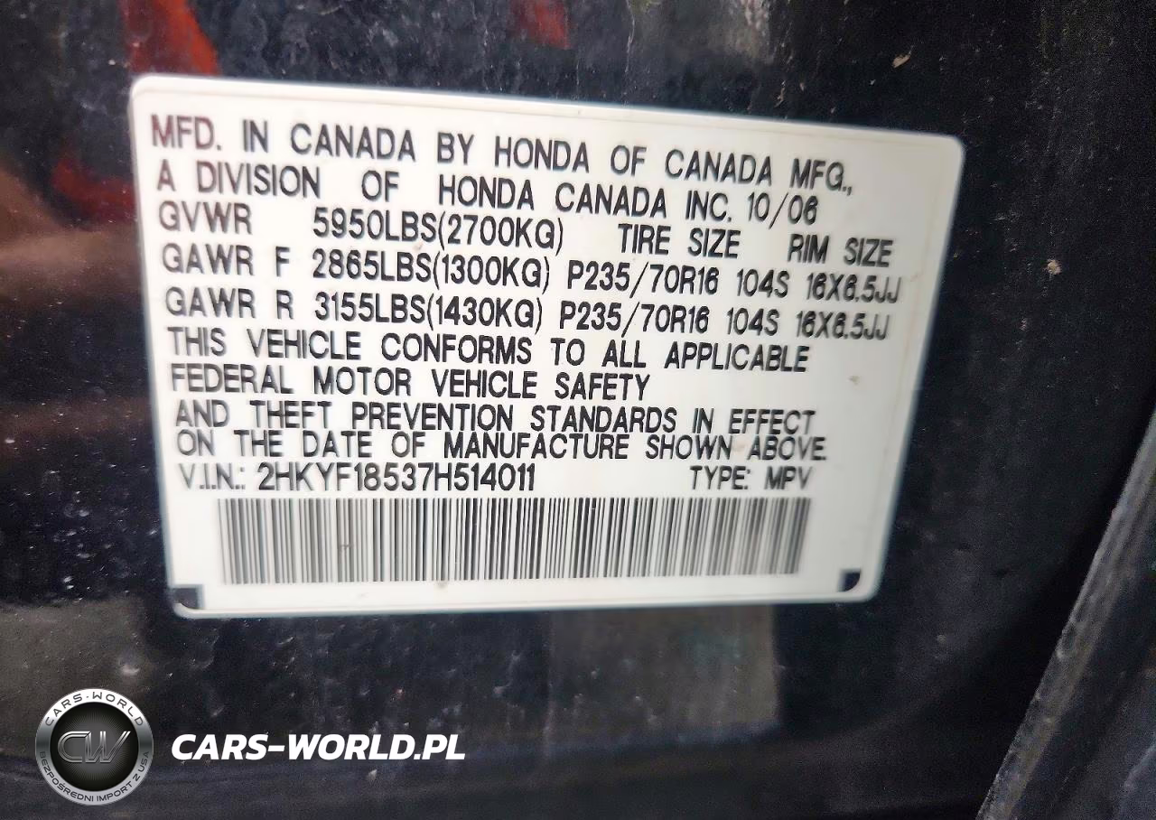 2007 Honda Pilot Exl VIN:2HKYF18537H514011 - 13