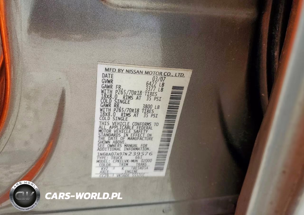 2007 Nissan Titan Xe Ffv VIN:1N6BA07A97N239576 - 12