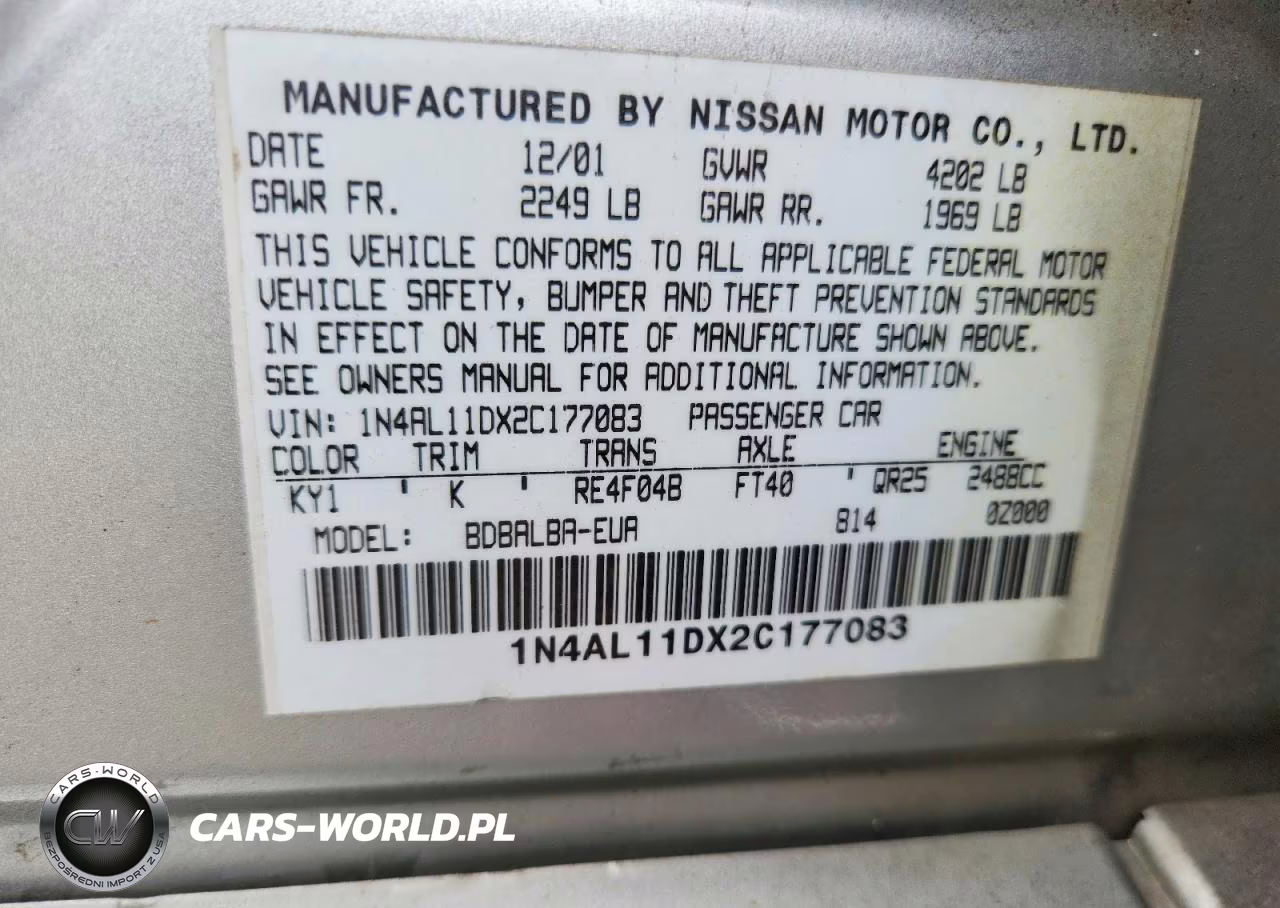 2002 Nissan Altima 2.5 VIN:1N4AL11DX2C177083 - 12