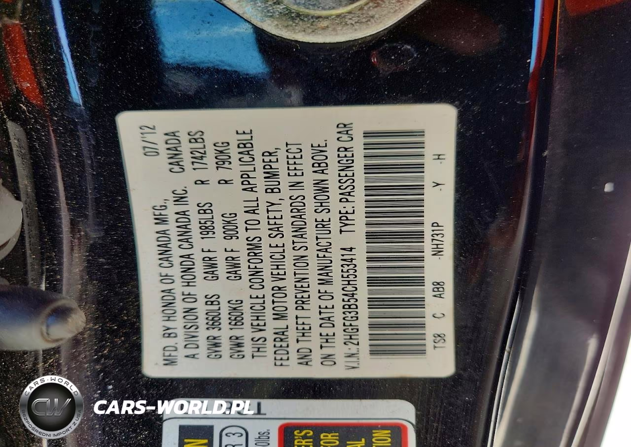 2012 Honda Civic Lx VIN:2HGFG3B54CH553414 - 12