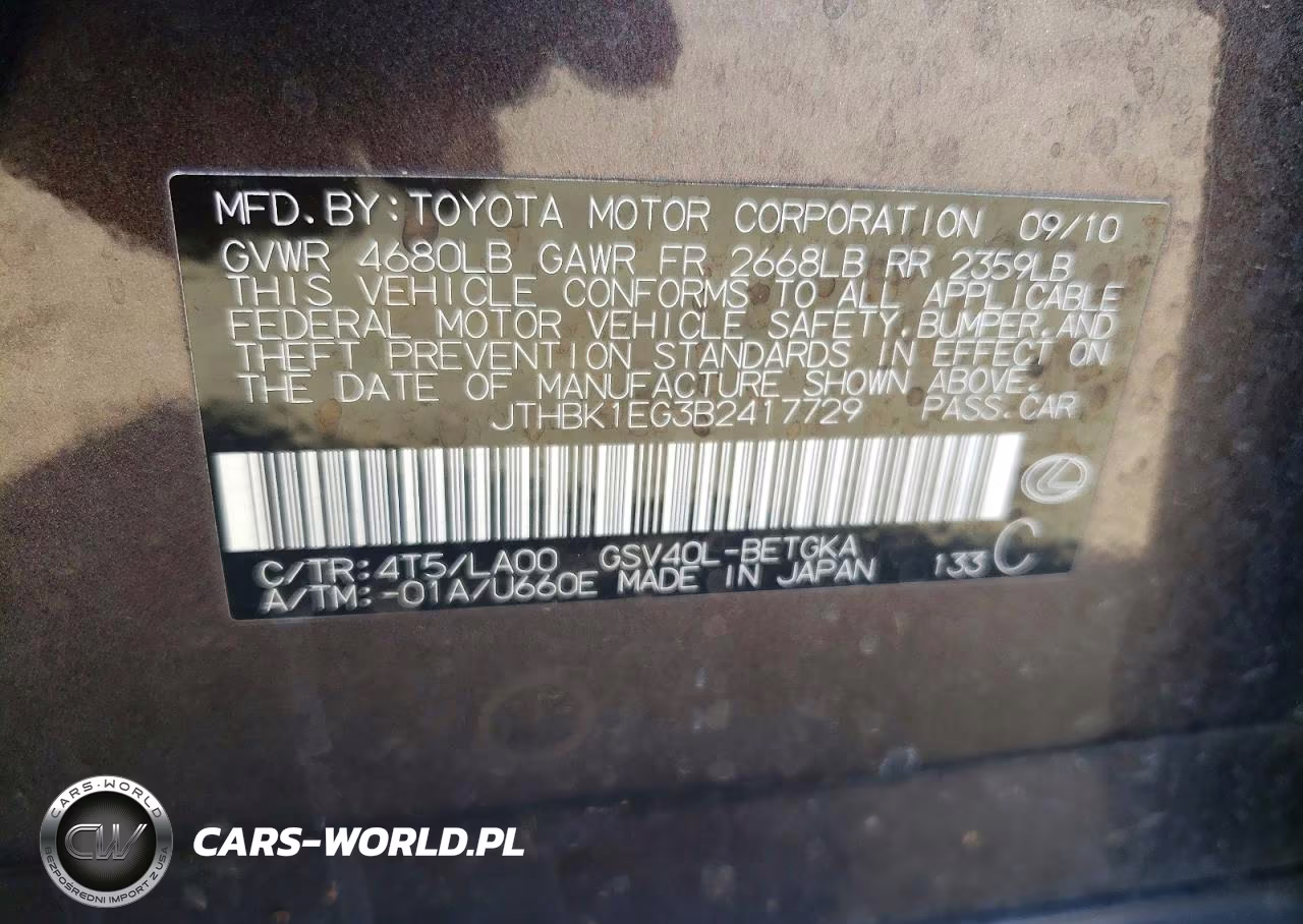 2011 Lexus Es 350 VIN:JTHBK1EG3B2417729 - 12