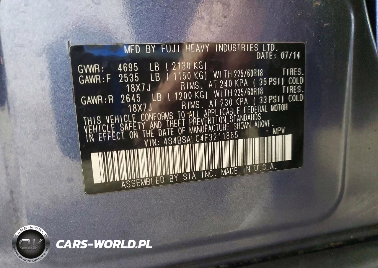 2015 Subaru Outback 2.5I Limited VIN:4S4BSALC4F3211865 - 14