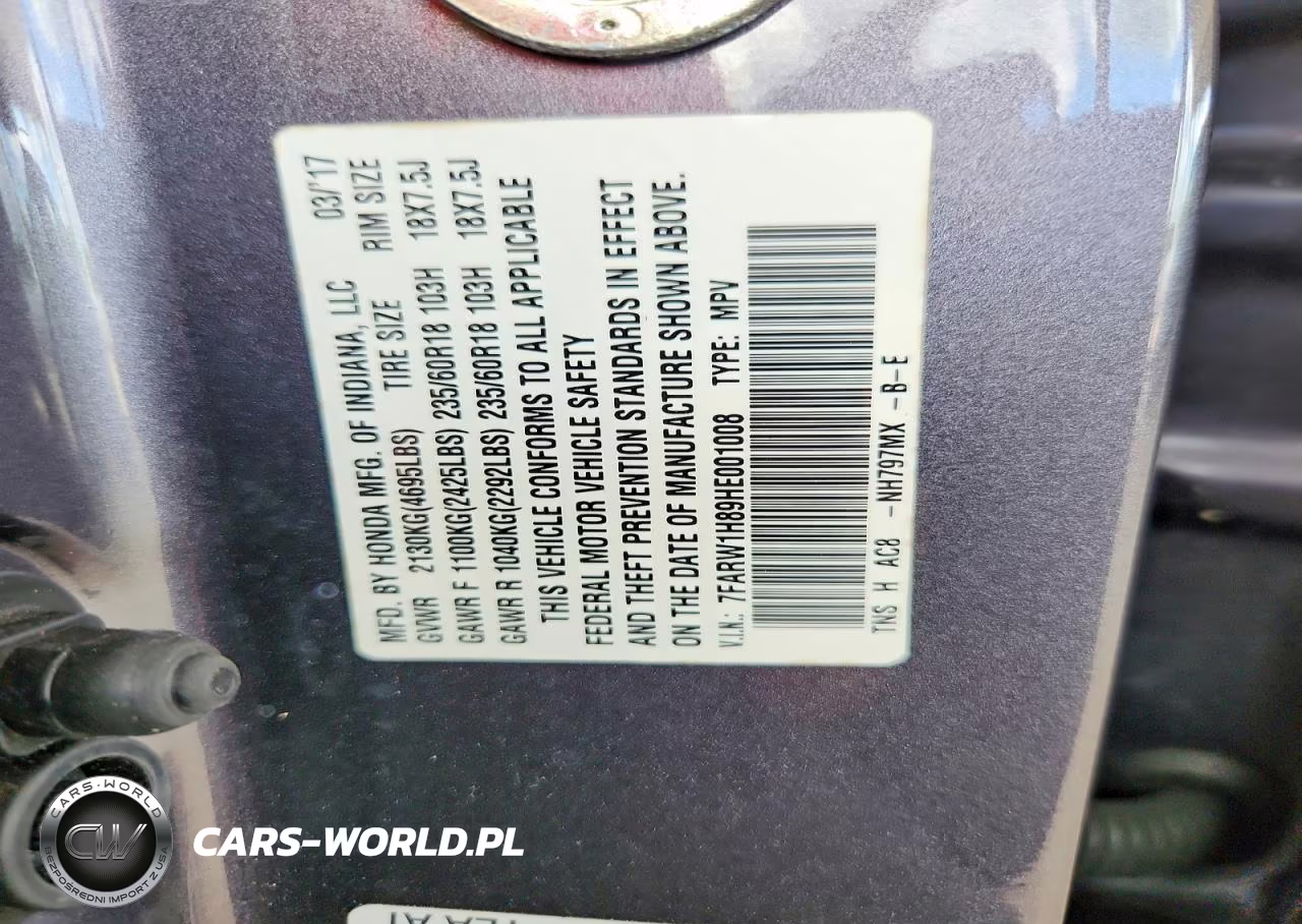 2017 Honda Cr-V Exl VIN:7FARW1H89HE001008 - 13