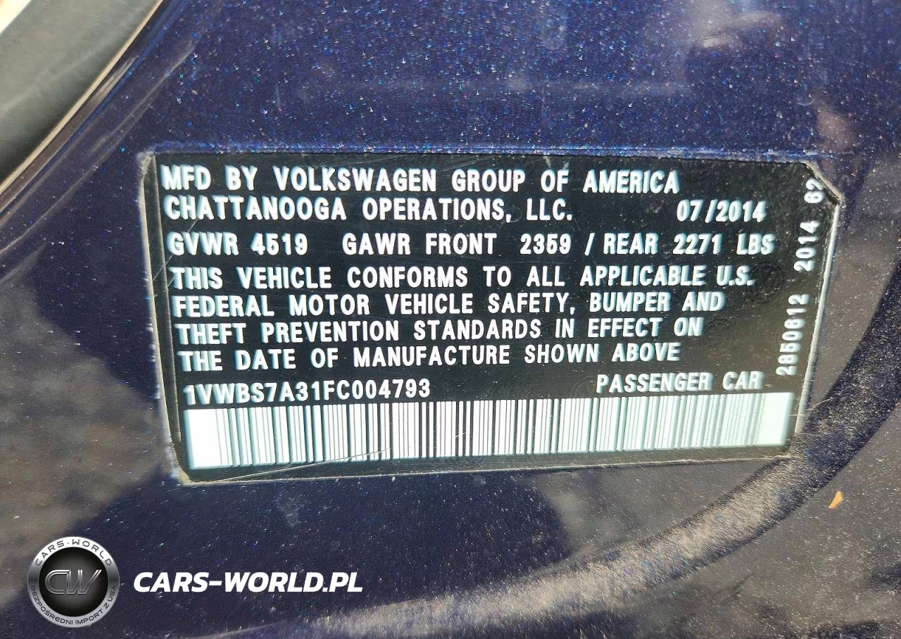 2015 Volkswagen Passat Se VIN:1VWBS7A31FC004793 - 12
