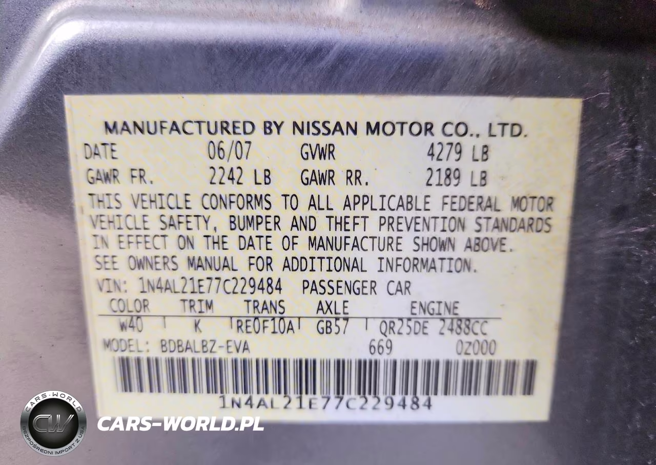 2007 Nissan Altima 2.5 VIN:1N4AL21E77C229484 - 12