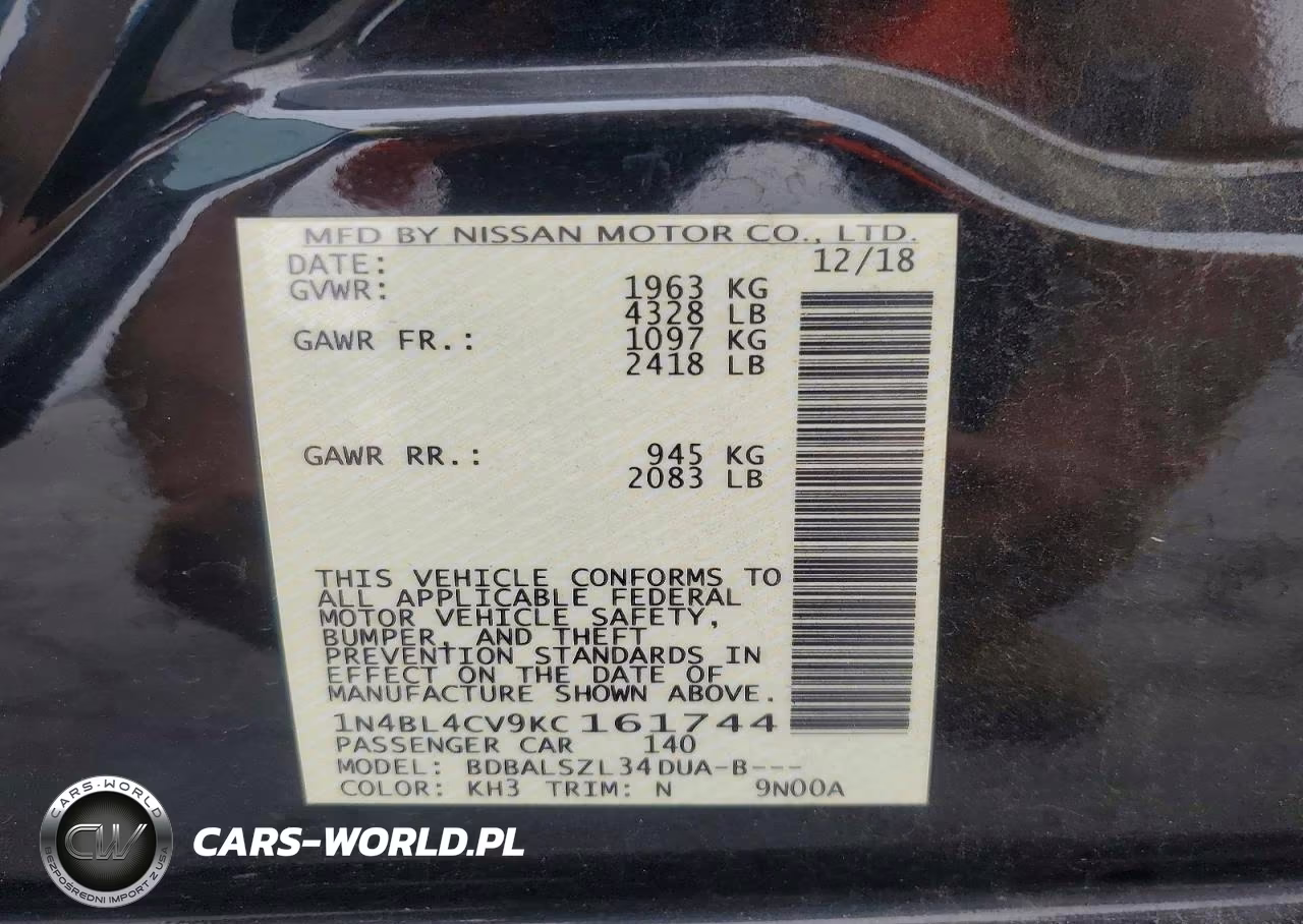 2019 Nissan Altima Sr VIN:1N4BL4CV9KC161744 - 12