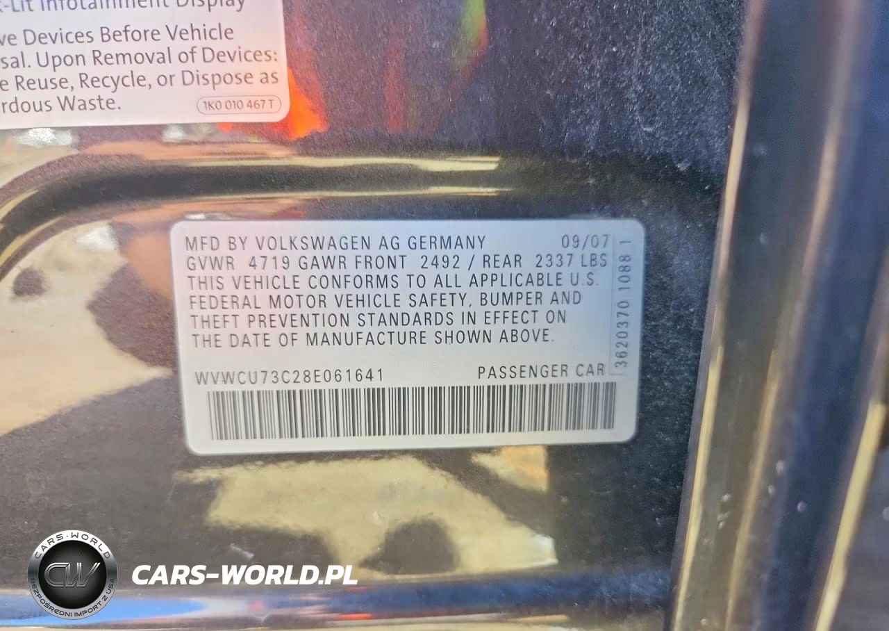 2008 Volkswagen Passat Vr6 VIN:WVWCU73C28E061641 - 12