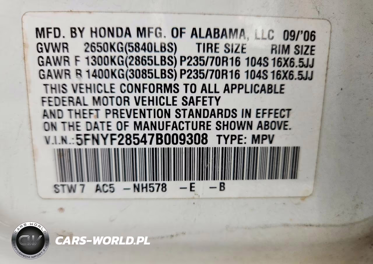 2007 Honda Pilot Exl VIN:5FNYF28547B009308 - 14