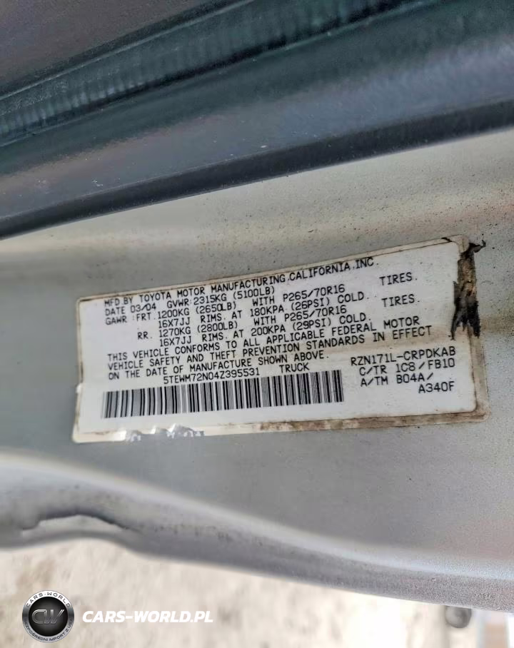 2004 Toyota Tacoma Base VIN:5TEWM72N04Z395531 - 11