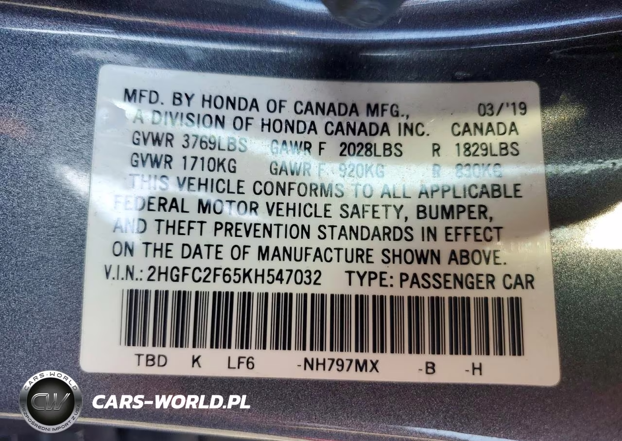 2019 Honda Civic Lx VIN:2HGFC2F65KH547032 - 12