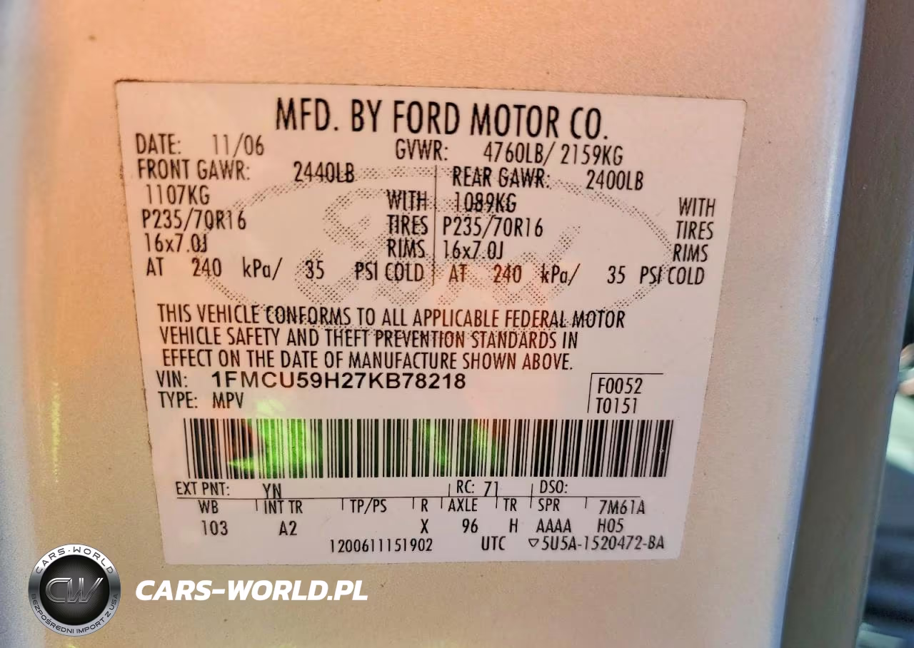 2007 Ford Escape Hev VIN:1FMCU59H27KB78218 - 13