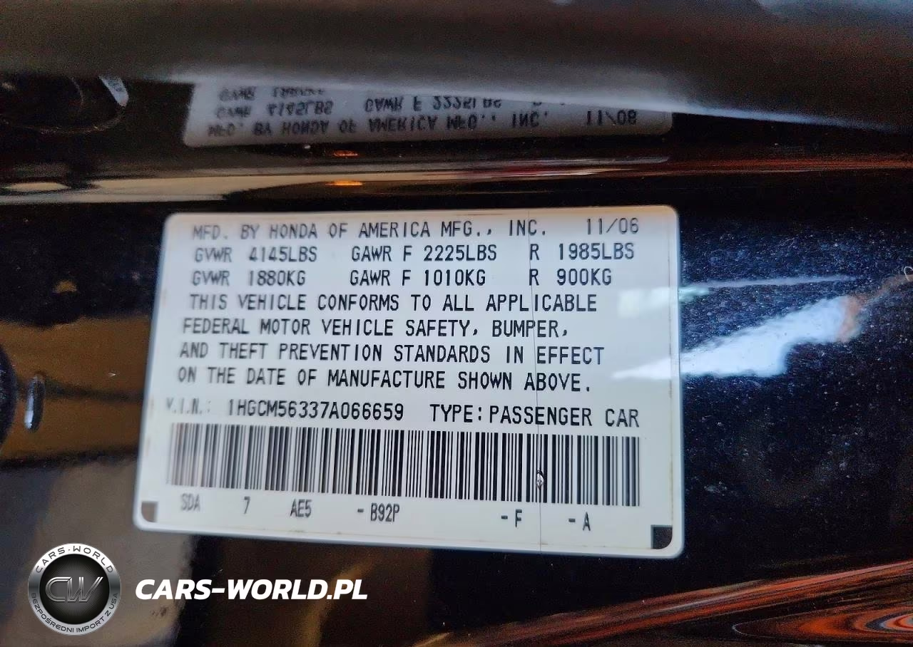 2007 Honda Accord Se VIN:1HGCM56337A066659 - 12