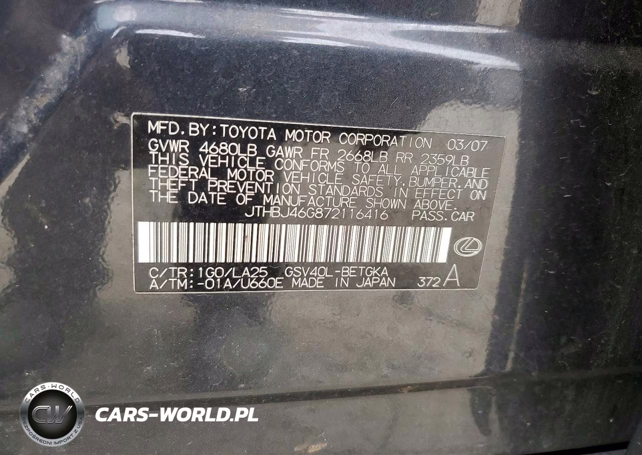 2007 Lexus Es 350 VIN:JTHBJ46G872116416 - 12