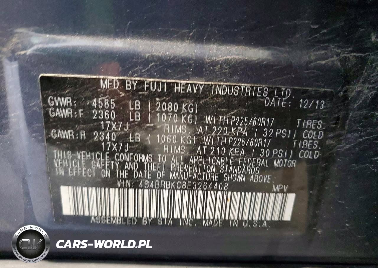 2014 Subaru Outback 2.5I Limited VIN:4S4BRBKC8E3264408 - 14