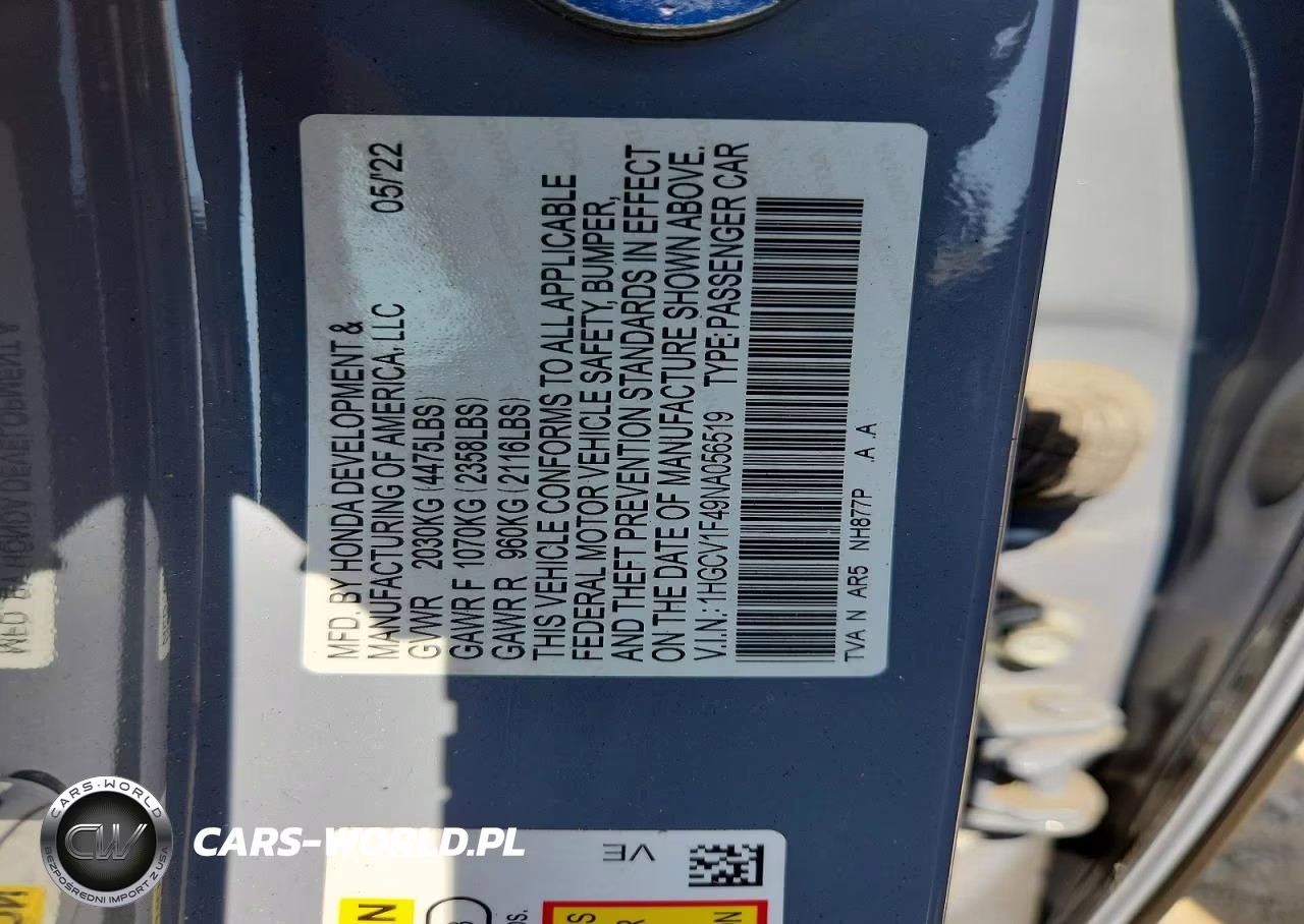 2022 Honda Accord Sport Se VIN:1HGCV1F49NA056519 - 12