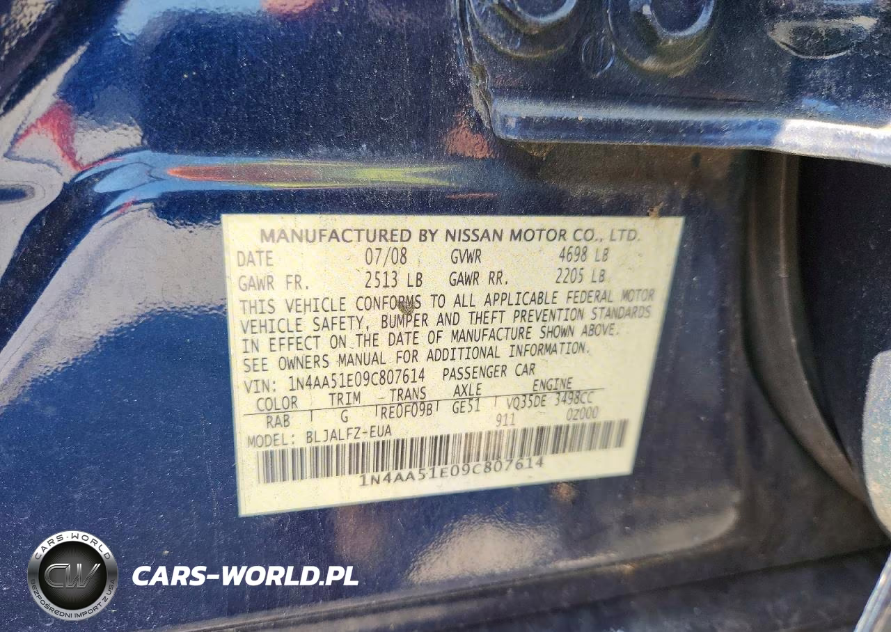 2009 Nissan Maxima 3.5 S VIN:1N4AA51E09C807614 - 12
