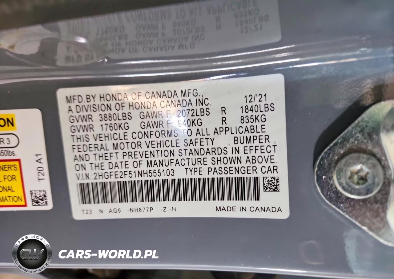 2022 Honda Civic Sport VIN:2HGFE2F51NH555103 - 12