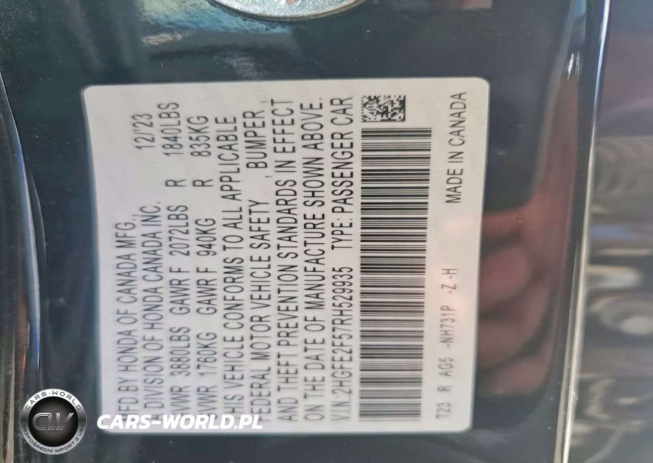 2024 Honda Civic Sport VIN:2HGFE2F57RH529935 - 12