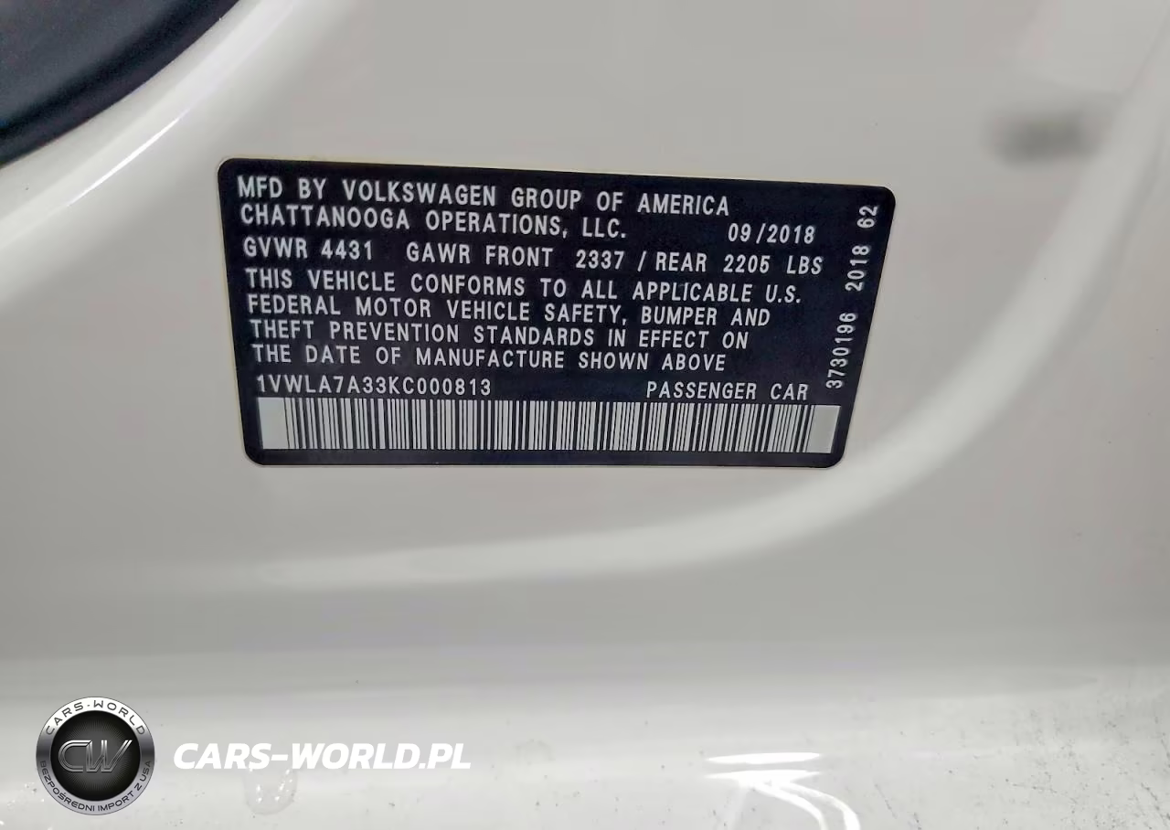 2019 Volkswagen Passat Wolfsburg VIN:1VWLA7A33KC000813 - 12